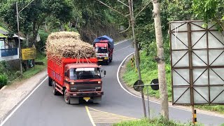 Truk muatan tebu konvoi di tikungan kembar Lahor sore hari