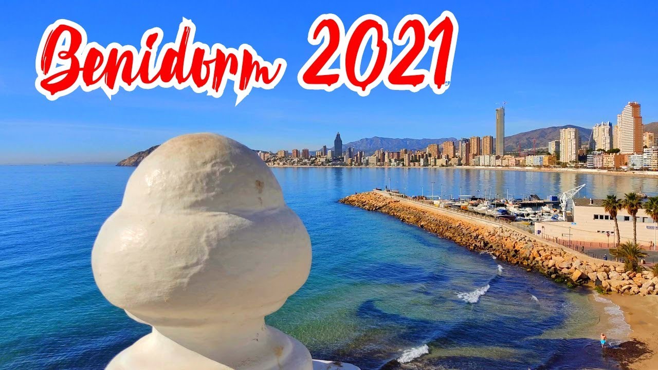Benidorm 2021 Levante beach to Balcon Costa Blanca Spain Walking Tour 4K no Tourists in January