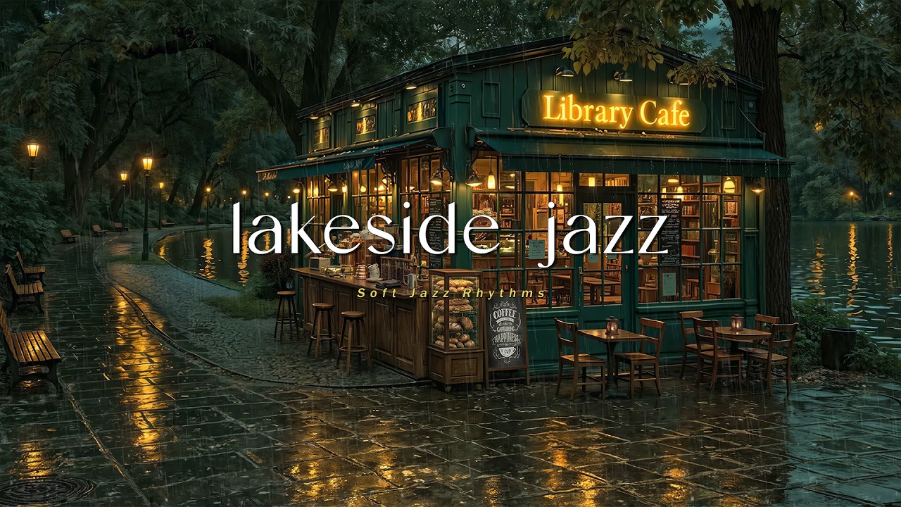 Cozy Lakeside Library Café on a Rainy Day | Soft Jazz Piano & Calm ...