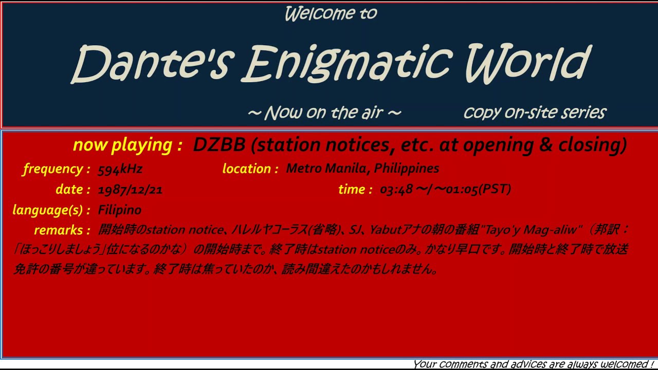 DZBB 594kHz 1987 Opening and Closing Station Notices, etc. ～Copy On-Site 002 Sample～