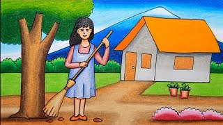 Cara Menggambar Pemandangan Yang Mudah - Gambar Orang Sedang Menyapu Halaman Rumah