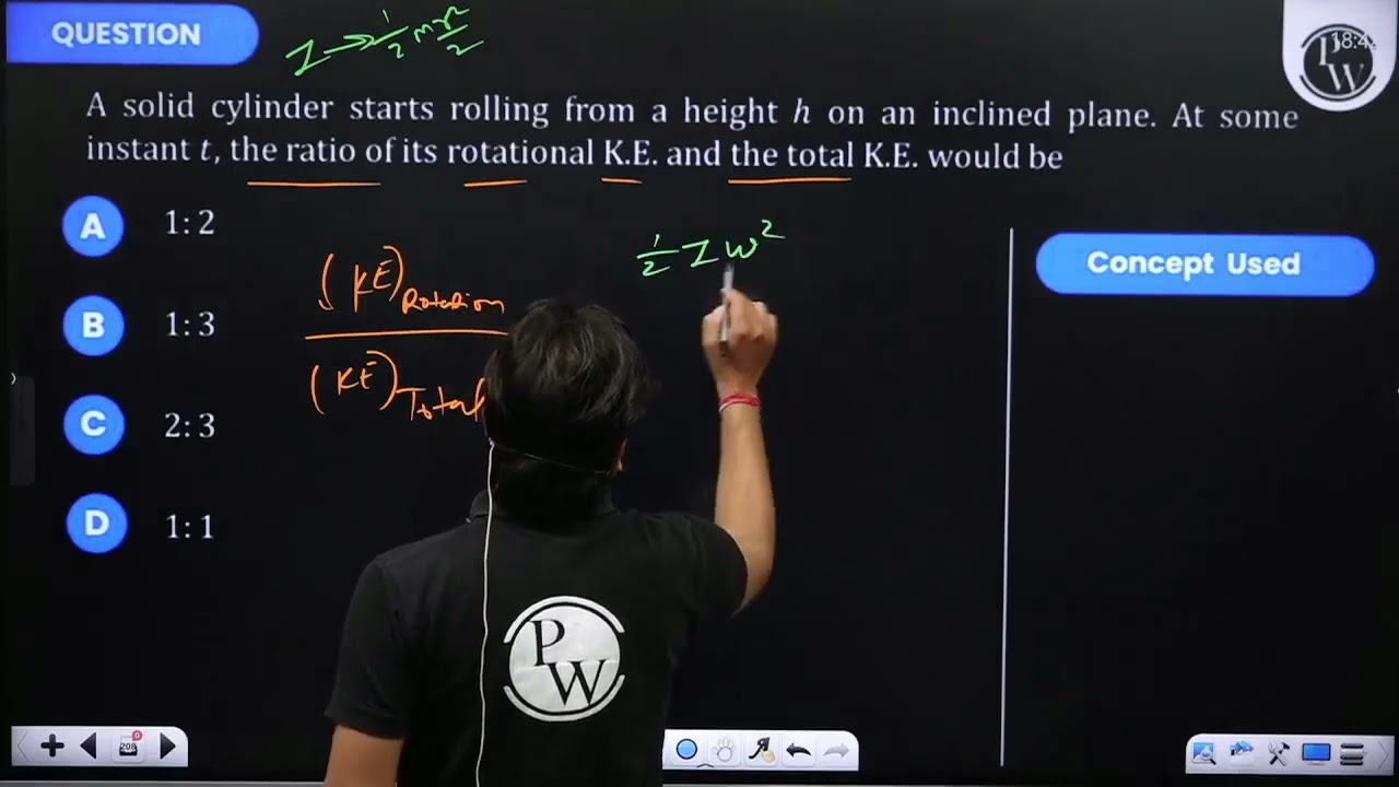 A solid cylinder starts rolling from a height \(h\) on an inclined plane. At some instant \(t\),....