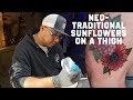 Thigh Tattoo of Neo Traditional Sunflowers