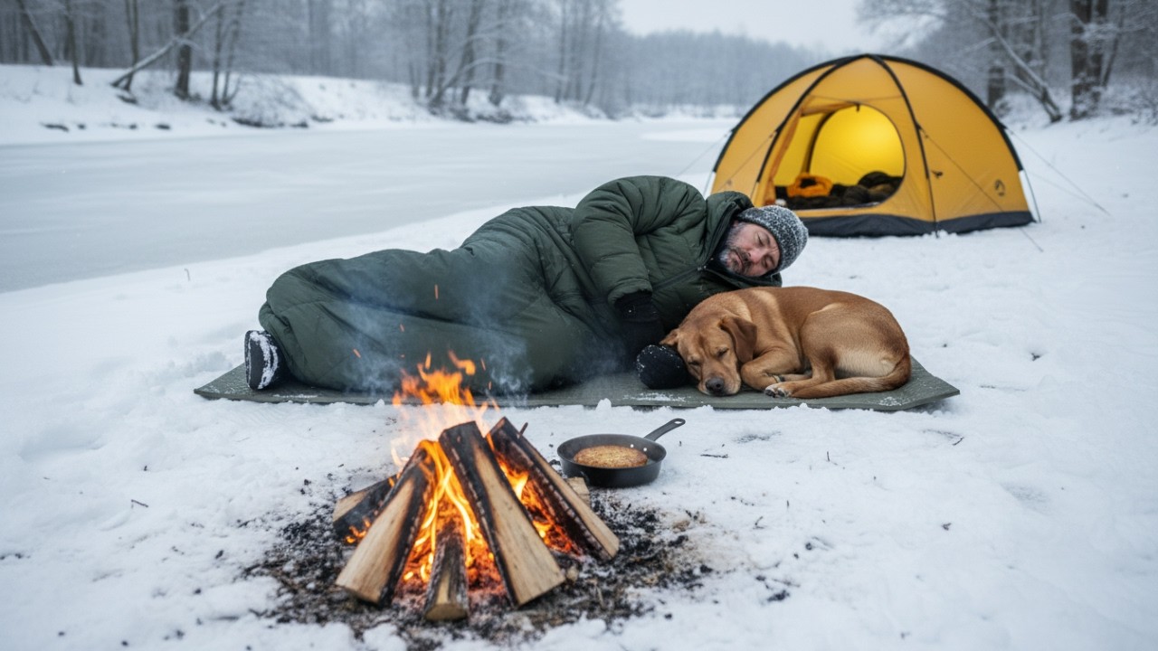 Icy Riverbank Camping with My Dog · Winter Trek Inflatable Tent · Hot Fish Cake ASMR