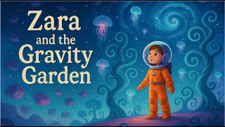 Zara landed her spaceship on a glowing moon, where purple rocks floated gently and the sky swirled l