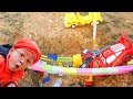 Funny children's kindergarten car toys fall into water & blocks toy bridge collapse with Dave Mario