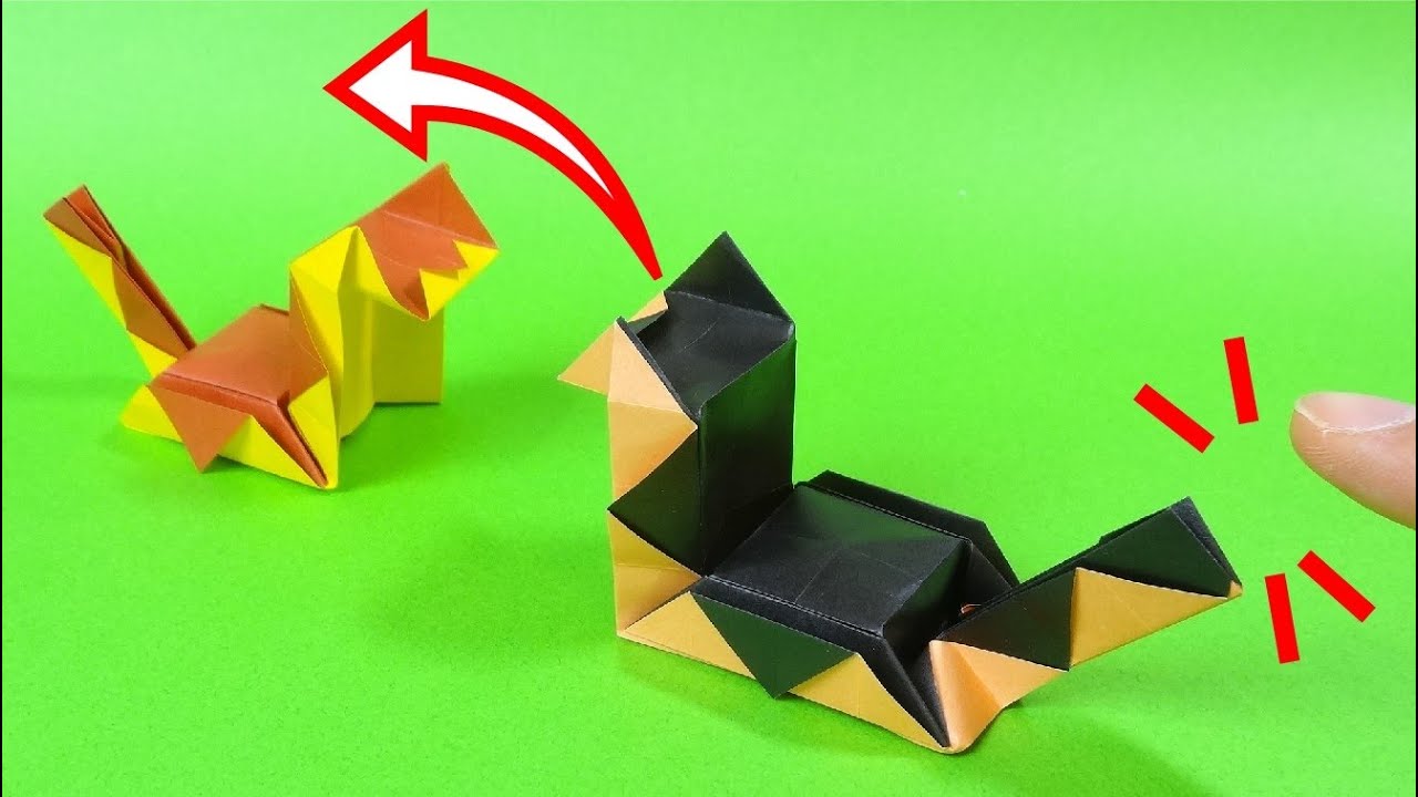 遊べる折り紙おもちゃ「とびつきタイガー」Origami Toy 