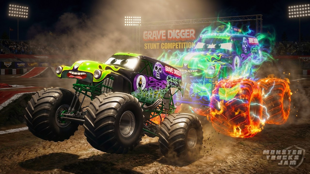 Grave Digger vs Ghost Monster Truck race in Monster Trucks Jam | Stunts ...