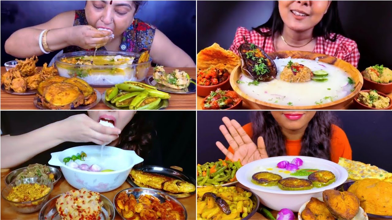 Asmr Eating Yummy 😋 Panta Bhat /Pakhala Bhat with Onion Pakoda Aloo Bharta Fish Fry Parwal Fry 🍆 Fry