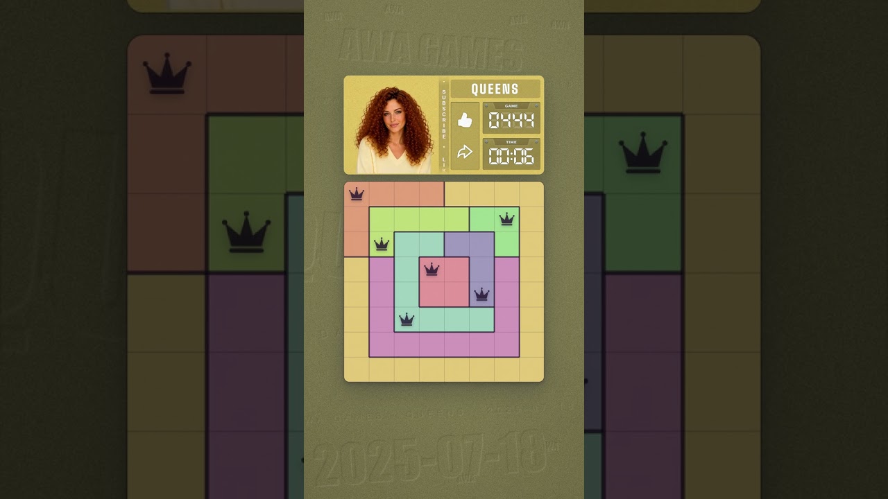 LinkedIn Queens #444 solved board for July 18, 2025, 8x8 grid