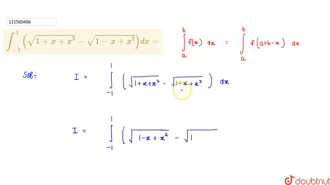 `int_(1)^(1)(sqrt(1+x+x^(2))sqrt(1x+x^(2)))dx=` YouTube