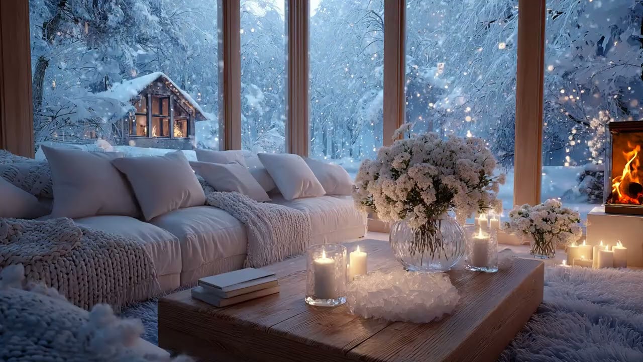 🤍🎹 Cozy White Lounge Piano | Flowers & Snow Outside Window – 5 Hours | Relax Study Deep Sleep