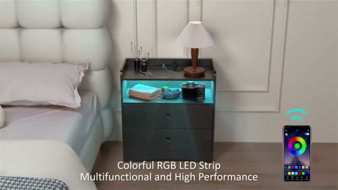 Nu-Deco Crafts Modern Wooden Nightstand - Bedside Charging Station with LED Light & Sleek Design