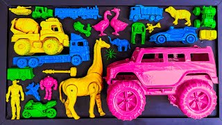 Cleaning toy cars, monster cars, animals, anomalies, cement mixer trucks, racing motorbikes, sand...