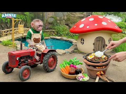 Monkey Annie picks farm vegetables for dad to make fried rice