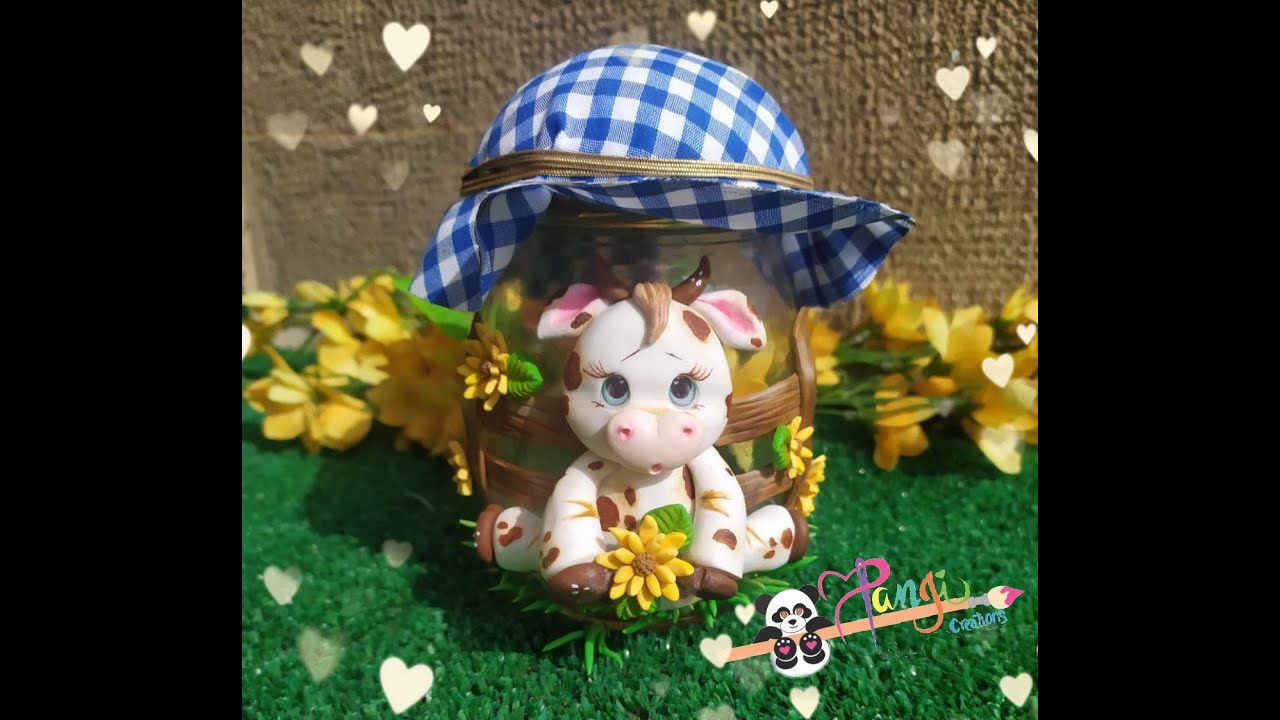 frasco o bote decorado ,día de la madre (vaca - cocina) en porcelana fría o masa flexible