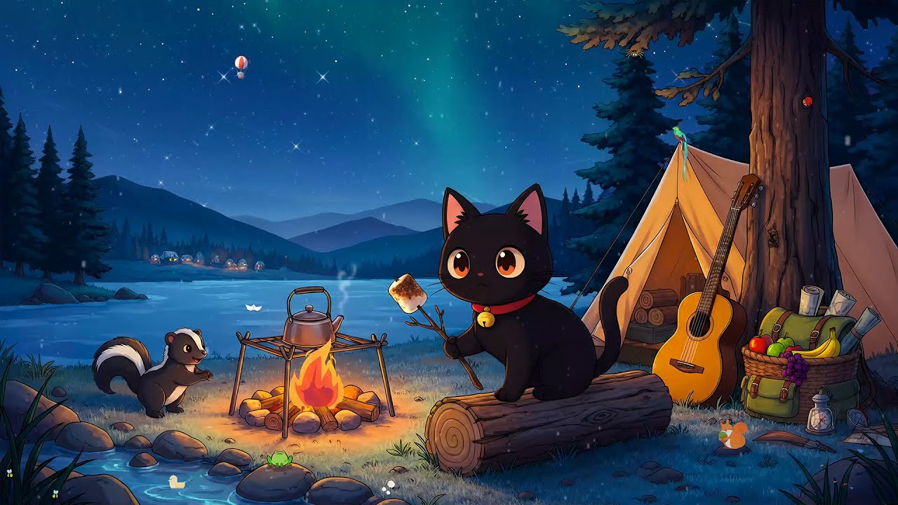 Cozy Campfire with Cat ⛺ Relaxing Lofi Beats 🧡 To Study, Work, or Unwind Peacefully