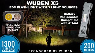 Wuben X5 - Flat EDC Flashlight with 3 Light Sources: White Light, UV, Green Laser