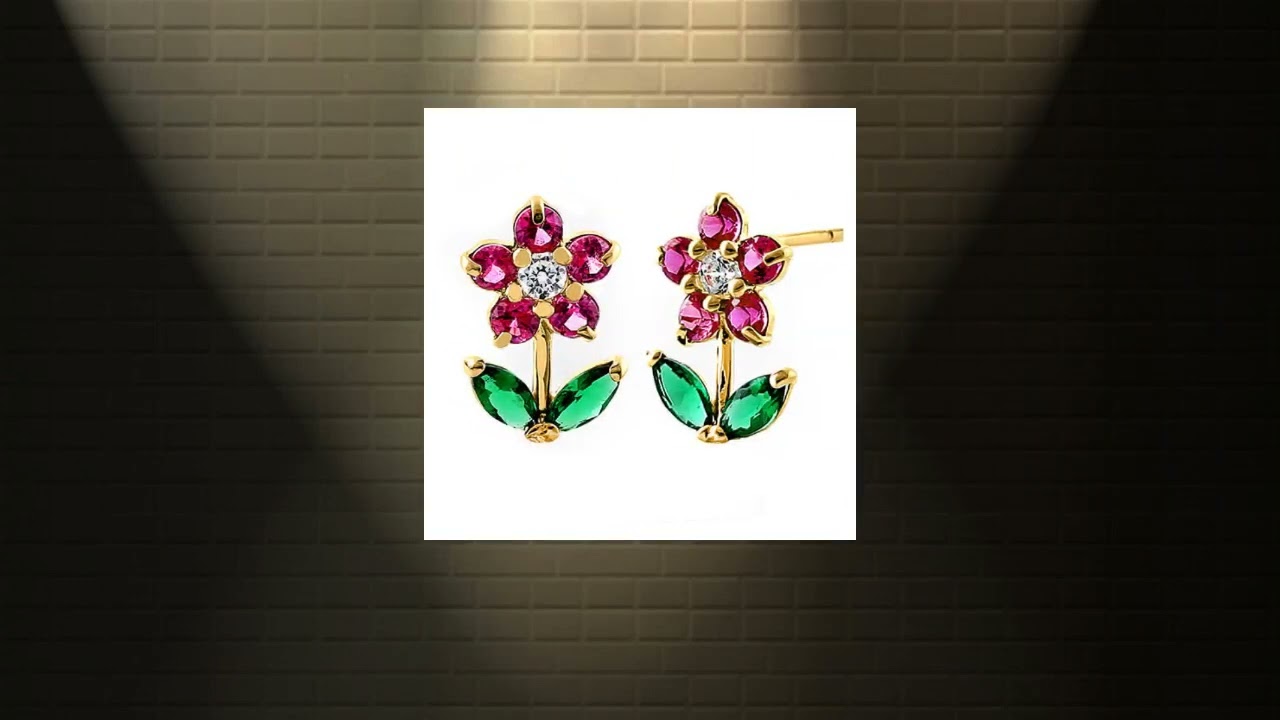 Solid 14K Gold Flower Ruby Emerald Clear CZ Earrings