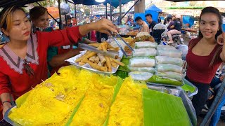 Cambodian street food - So Yummy ! Yellow pancake, Noodle & Spring Rolls