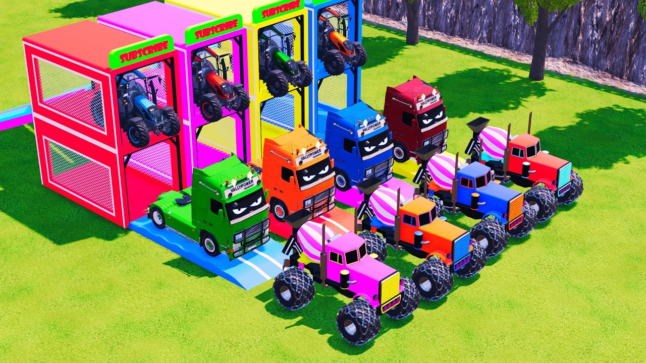 Transport with Colors - ALL MIXER TRUCK WITH DOUBLE FLATBED TRAILER TRUCK & TRACTOR! FS22 #112