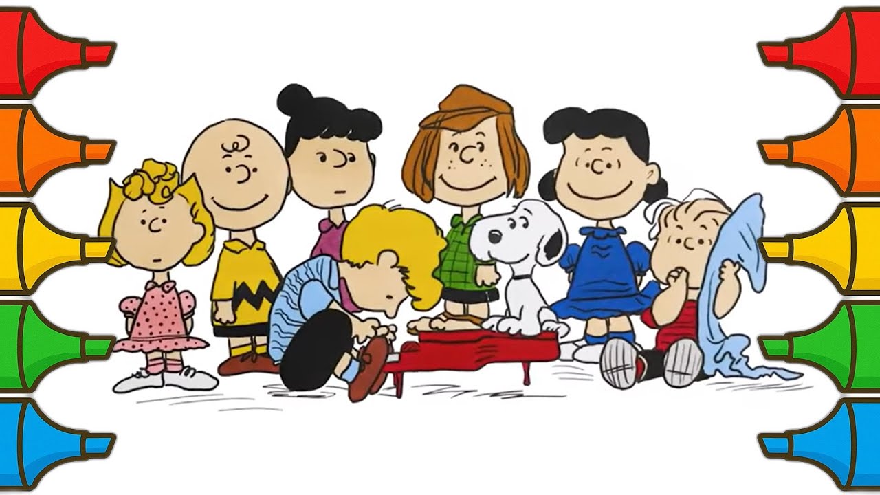 Peanuts Coloring Book Page | Snoopy, Charlie Brown, Lucy, Sally, Schroeder, Linus & Peppermint Patty