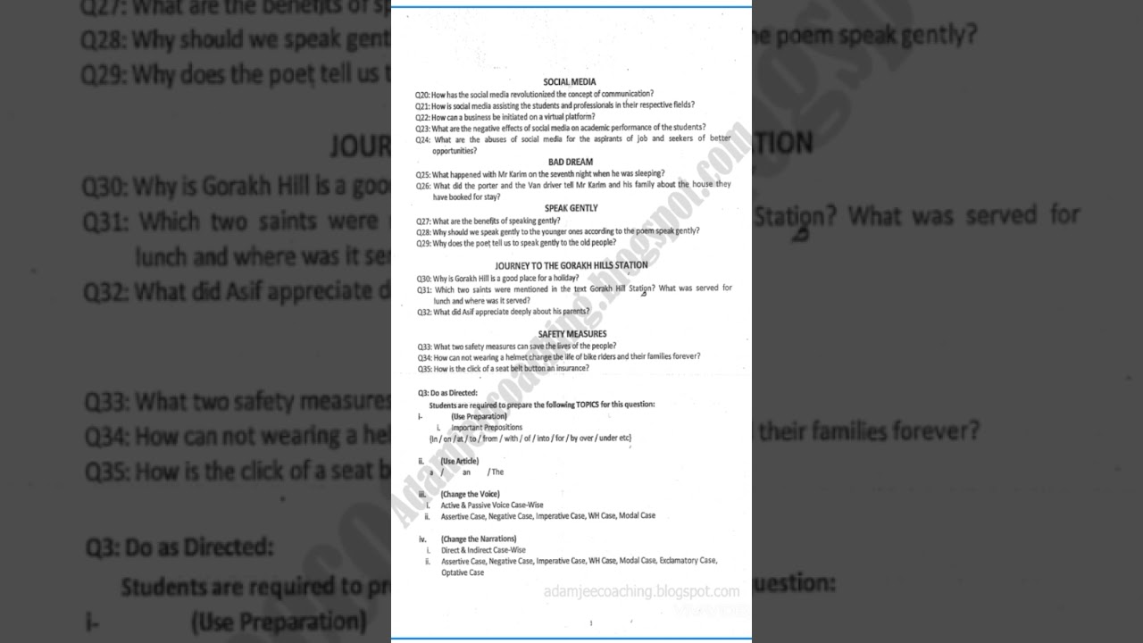 Class 10|English Adamjee Coaching Centre Guess Paper 2024