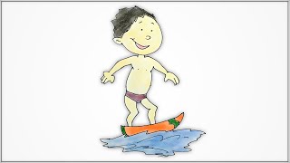 How to draw a cute little Boy surfing surfing in summer holiday rides on the waves step by step