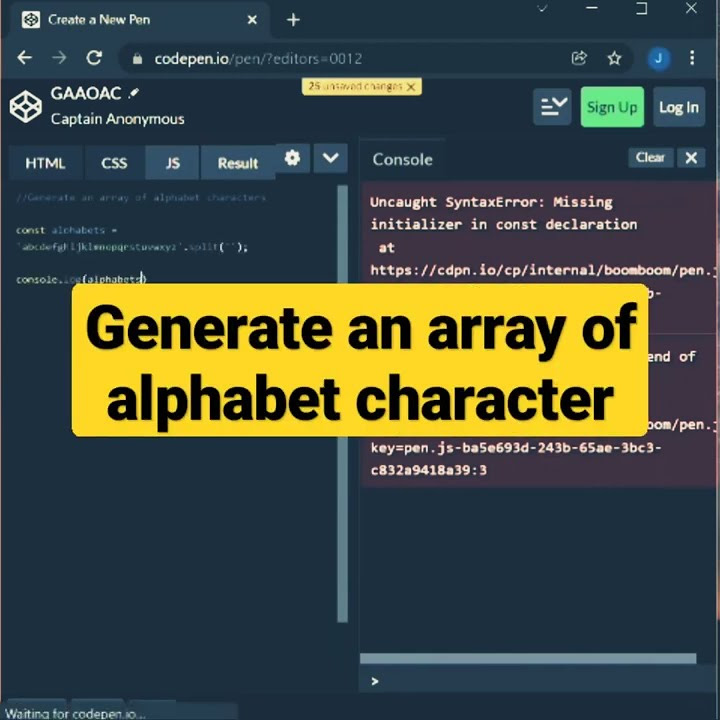 generate an array of alphabet character | javascript tutorial #shorts # ...