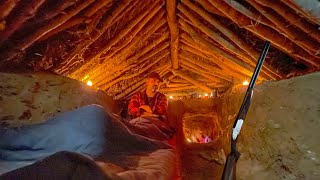 Building a Warm Bushcraft Survival Dugout Shelter in the Wild with Fireplace - Camping with Shotgun