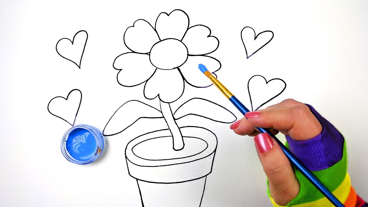 How to Draw Color and Paint Flower Pot Coloring Page for Kids to Learn