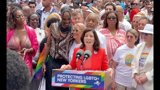 Gov Kathy Hochul signs legislation to protect affirm transgender New Yorkers at NYC Pride