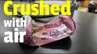 Can Crushed with Air (1/8X speed)
This video shows how to use the pressure of the atmosphere to crush a can, slowed down 8 times. This is a visual way to show how the pressure of gas is related to its temperature. The flame boils a small amount of water in the bottom of the nearly empty can and creates a very high temperature gas inside the can at atmospheric pressure (since the can is open to the outside air at the top). When the can is inverted and put in ice water, the hot gas inside the can quickly lowers in temperature, causing the pressure inside to quickly drop. Now the atmospheric pressure outside in the can (pushing in) is much greater than pressure of the gas inside the can (pushing out), and the can implodes!
For more related to the pressure of a gas see below…
his is one in a set of 3 videos which can be used to determine the relationship between the pressure of a sample of gas and the volume. The pressure of a given sample of gas is measured over different volumes using a syringe and attached pressure sensor. In each video the number of gas particles remains constant, but the number of gas particles is different for data sets #1 - #3. See the description below for additional videos which can be used to determine the relationship between the pressure of a sample of gas and the number of particles in that sample of gas.
Pressure of a Gas Lab (Data Set #1) P vs V: https://youtu.be/SDI2EI0PKI0
Pressure of a Gas Lab (Data Set #2) P vs V: https://youtu.be/hff6xhPzmtE
Pressure of a Gas Lab (Data Set #3) P vs V: https://youtu.be/cMZbTLARDUM
The following 3 videos can be used to determine the relationship between the pressure of a sample of gas and the number of particles in that sample of gas. The pressure of a given sample of gas is measured with different amounts of gas particles using a syringe and attached pressure sensor. Before the syringe is connected to the pressure sensor, the syringe is opened more or less to allow a greater or smaller number of air particles inside. Once the syringe is connected to the pressure sensor, the syringe is moved to a specific volume so the pressure can be measured at that same constant volume throughout the video. In each video the volume remains constant, but the constant volume is different for data sets #4 - #6.
Pressure of a Gas Lab (Data Set #4) P vs n (Constant Volume = 10mL): https://youtu.be/8yuLx-ugnlE
Pressure of a Gas Lab (Data Set #5) P vs n (Constant Volume = 15mL): https://youtu.be/n_OqF8cANpo
Pressure of a Gas Lab (Data Set #6) P vs n (Constant Volume = 20mL): https://youtu.be/QsFcEgfeMus
Ideal Gas Law:
The following linked video goes over the conclusions from our 3 gas pressure labs where we found how the temperature, volume, and number of particles all influence the pressure of a sample of gas. This video will show how to combine all 3 the experimental results into one general equation, known as the “Ideal Gas Law”
Pressure of a Gas Lab (Conclusion Discussion): https://youtu.be/pp38agU9V0w Can Crushed with Air (1/8X speed)