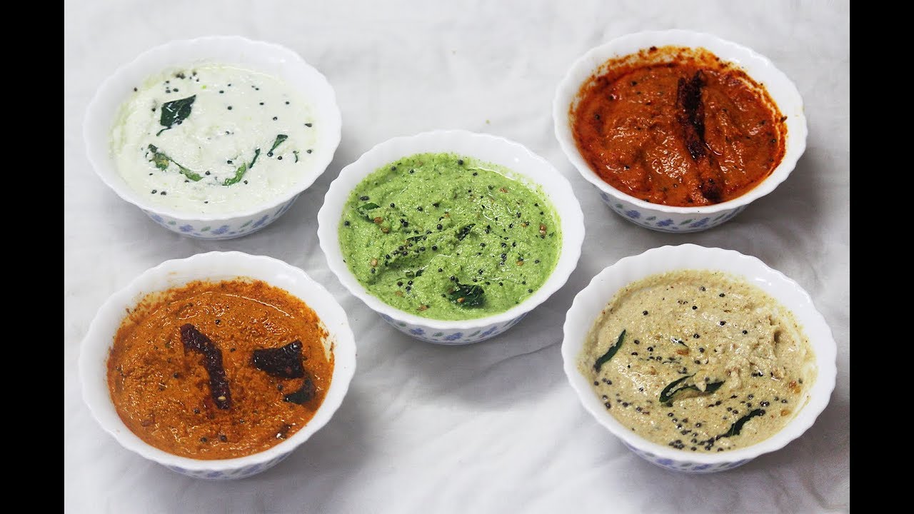 South Indian chutney 5 varieties Onion, Tomato, Coconut, Coriander