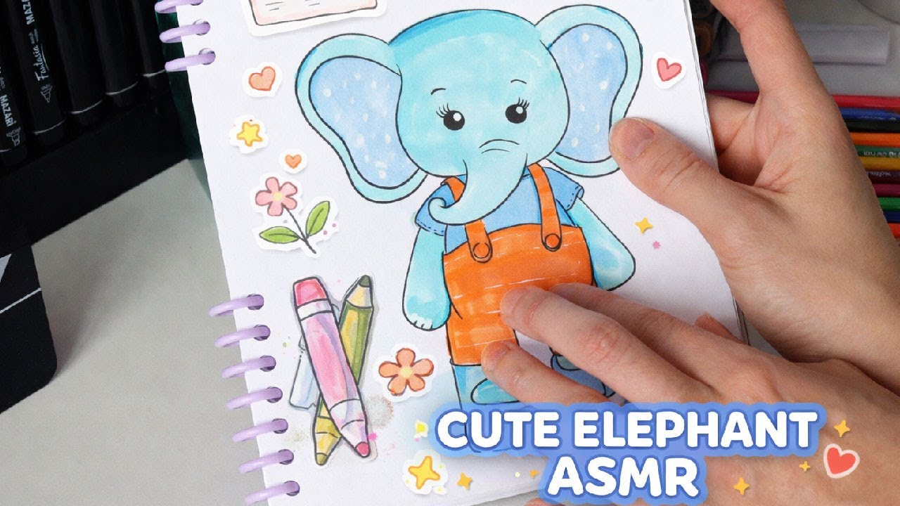 🎧 Cute Elephant Coloring ASMR (No Talking) | Marker Strokes & Pencil Shading, Paper Sounds
