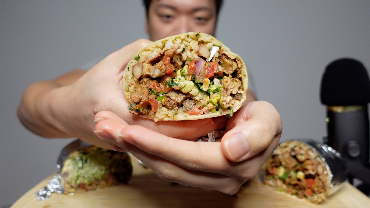 Chipotle Burrito Mukbang DRIPPING STEAK, CHICKEN, SOUR CREAM