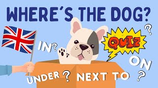 English Prepositions Quiz,  where is the dog ?