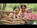 Cooking Traditional Recipe Cassava Tuber & Cow Blood Curd with Beef Sour Soup - Donation Food