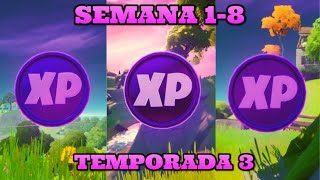 UBICACIONES DE LAS 20 MONEDAS MORADAS DE XP EXPERIENCIA  DE LA SEMANA 1-8 TEMPORADA 3 DE FORNITE