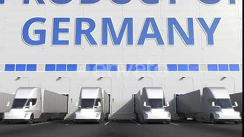 Trucks at Warehouse Loading Dock with PRODUCT OF GERMANY Text | Motion Graphics - Envato elements