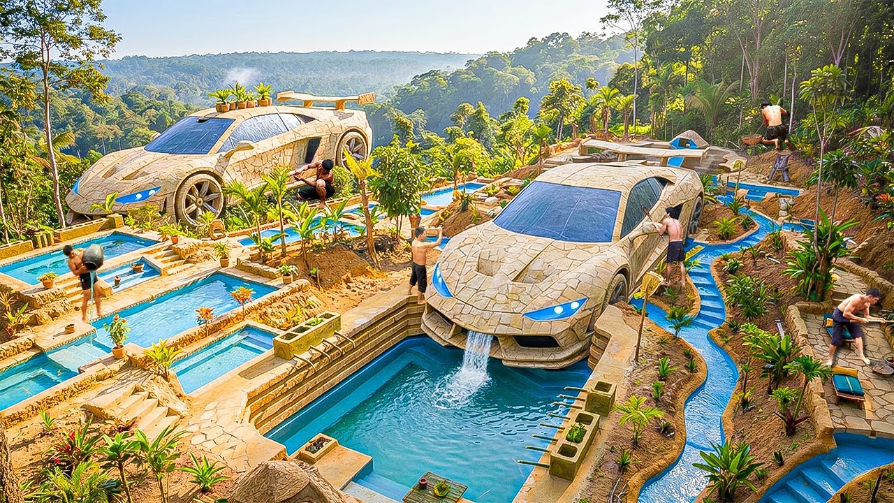 250 Days Building a Luxury Underground Supercar-Shaped House with Complex Pool Using Primitive Tools