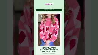 Heart Pattern Checkered Round Neck Sweater