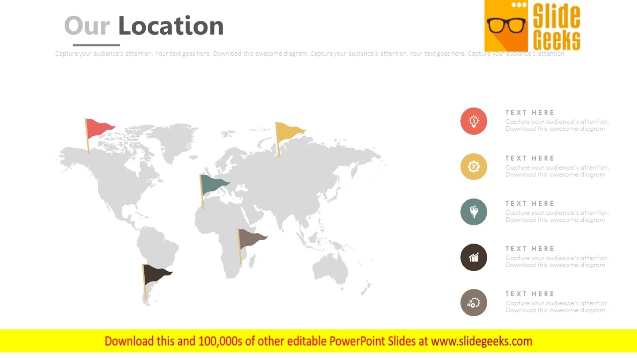 World Map With Location Flags And Icons Powerpoint Slides