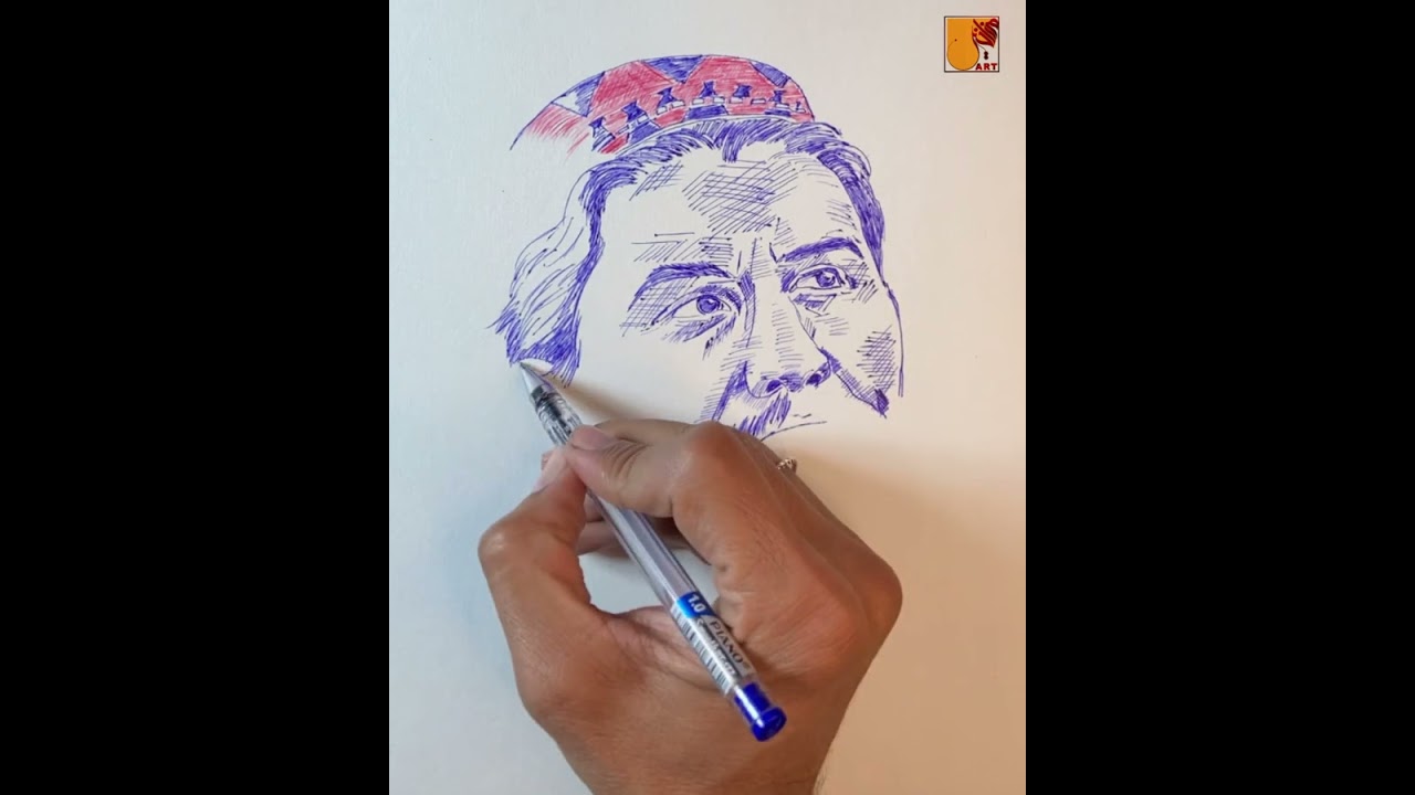 Рисунок шариковой ручкой (10 пакистанских рупий) | Реалистичный портрет Манзура Ахмада Паштуна