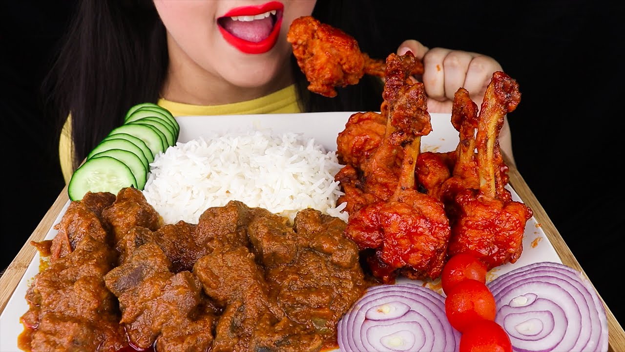 Eating Spicy Mutton Liver curry+Chicken Lollipop with Basmati Rice(Asmr Mukbang Eating Show)