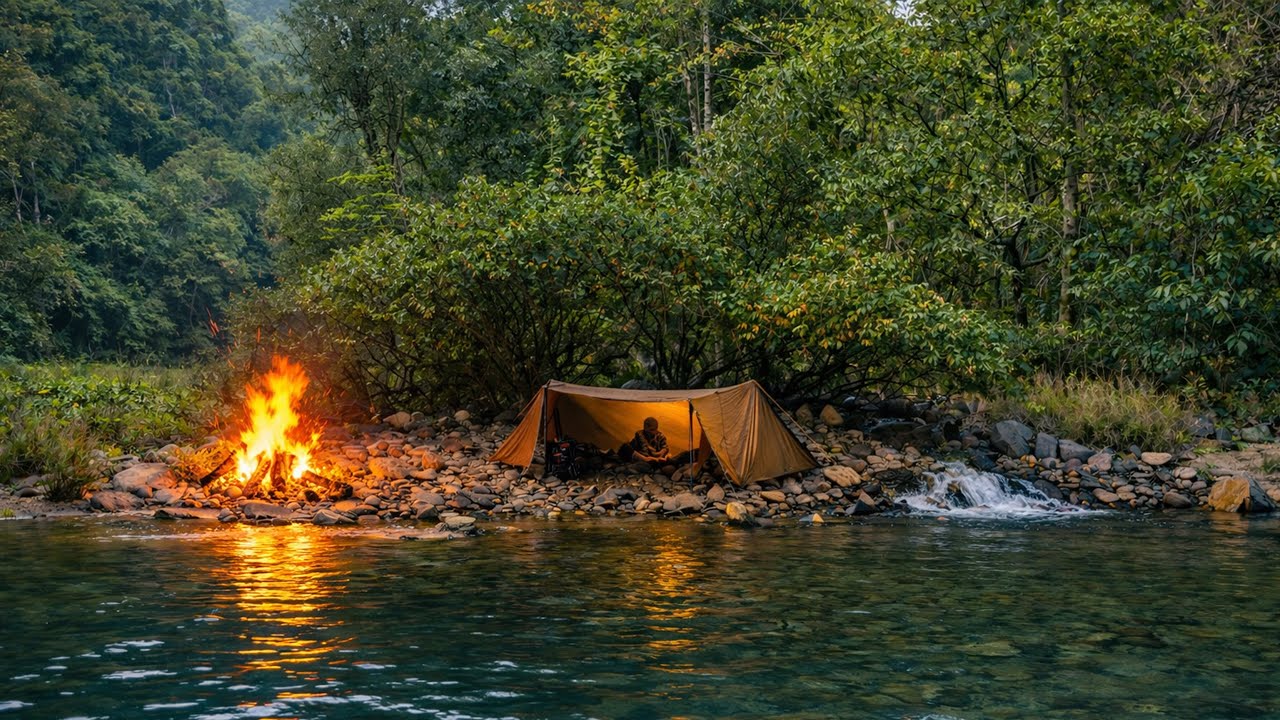Одиночный поход на выживание у кристально чистой реки | и приготовление пищи на костре
