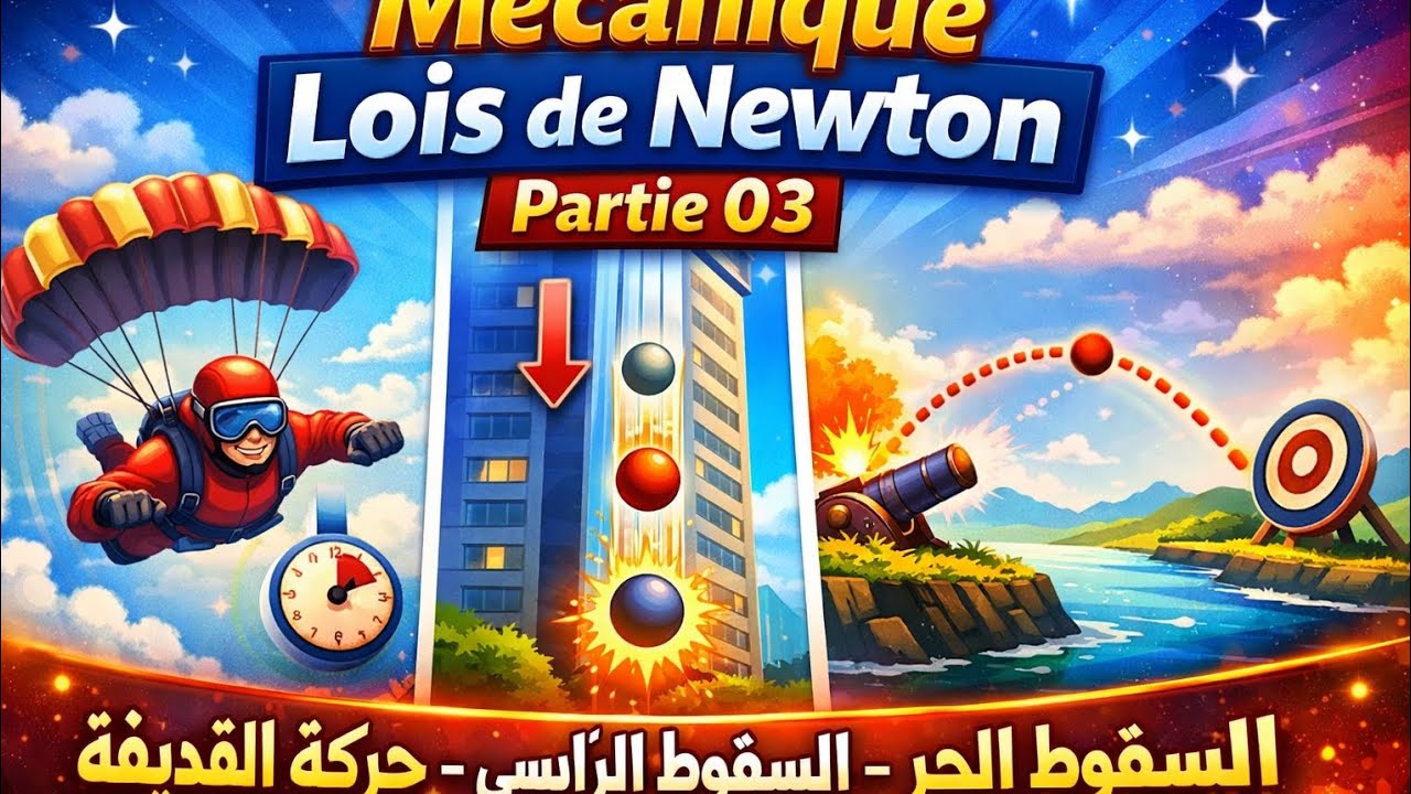 @ Mécanique lois de Newton:  Partie 03 السقوط الحر، السقوط الرأسي، حركة القديفة. /physique Bac 2026