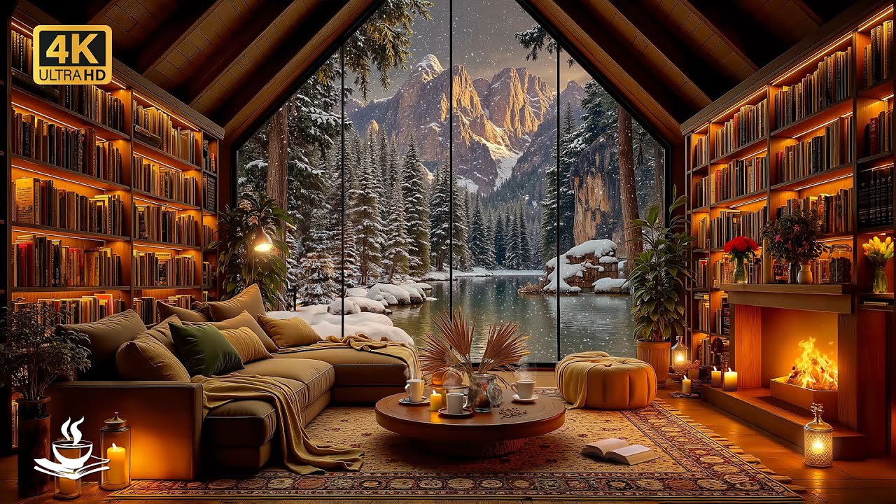 Snowy Lakefront Cabin Library ️ Warm Fireside Jazz & Calm Winter ...