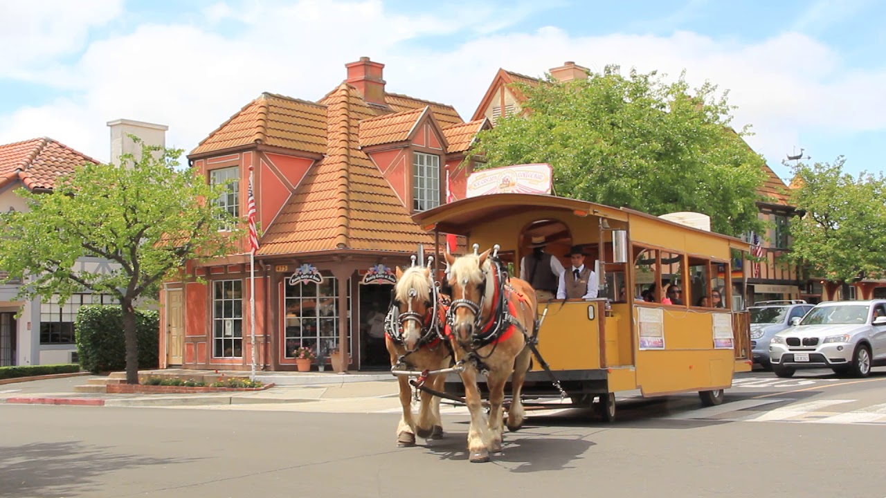 Solvang Trolley Rids Horse trolley on the street | Solvang, California, USA - YouTube