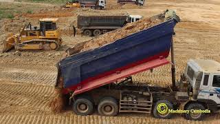 Heavy shantui bulldozer pushing dirt wih hyundai dump trucks dumping dirt